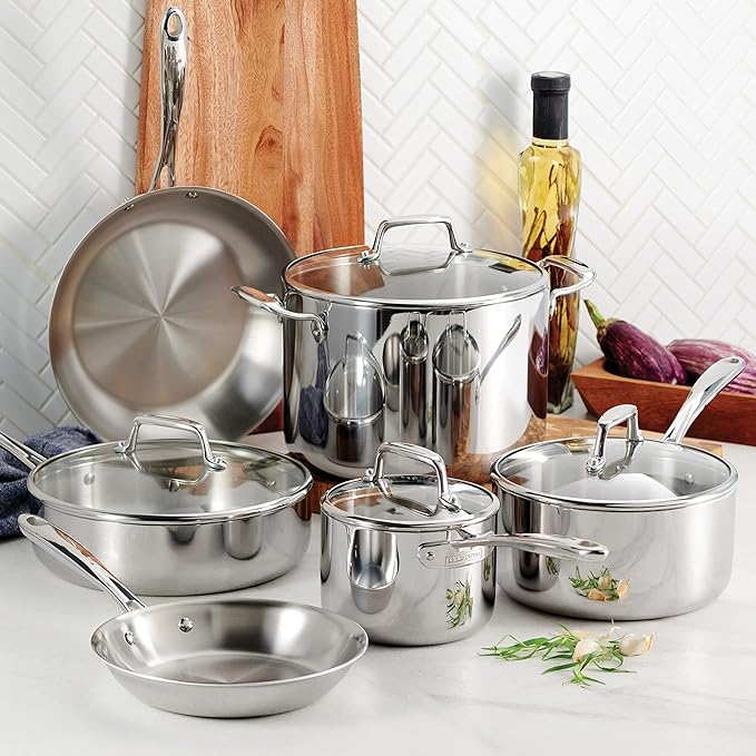 Tramontina Tri-Ply Clad Stainless Steel 10-Piece Cookware Set with Glass Lids, Pots and Pans Kitchen Set, Induction-Ready, Dishwasher-Safe, Made in Brazil