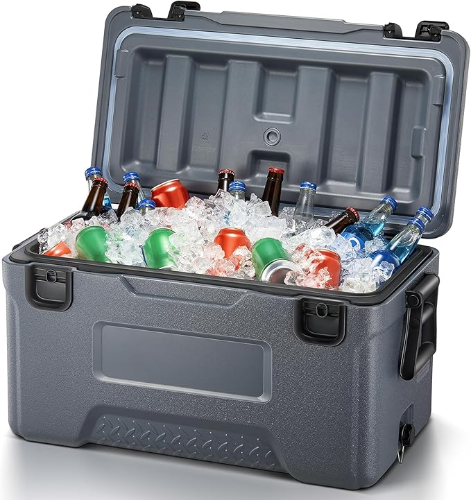 Cooler, Portable Hard Cooler with Dual Latches, Insulated Ice Chest with Swing-up Side Handles, Molded Ruler＆Cup Holders, Coolers Keeps Cool for 3+ Days, Camping Fishing Road Trips Beach, 47.5 QT