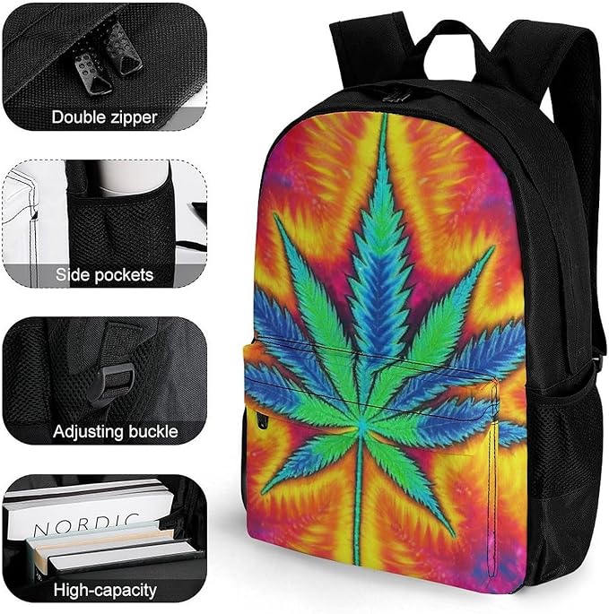 Men Women Polyester Trippy Tie Dye Pot Leaves Weedleaf Leaf Daypack Backpack Large Capacity Carry On Bag With Smooth Zippers for Hiking Picnic Walking Cycling
