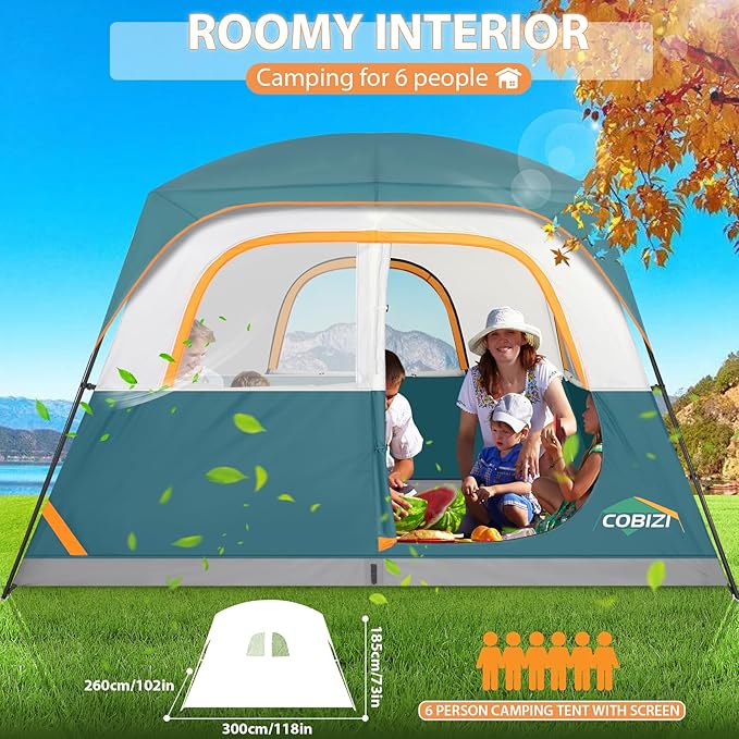COBIZI Tents for Camping 4/6 Person Camping Tent with Rainfly and Screen, Easy Setup Lightweight Portable Waterproof Outdoor Tent with Carry Bag for Backpacking, Hiking, Family Travel