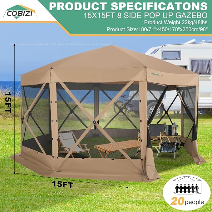 COBIZI 15x15 FT Pop Up Gazebo - Canopy Tent, Large Gazebos On Clearance with Sidewalls, Screened in Gazebo,carpas para Patio,Portable Screen Tents for 12-15 Persons Outdoor Camping, Backyard,Khaki