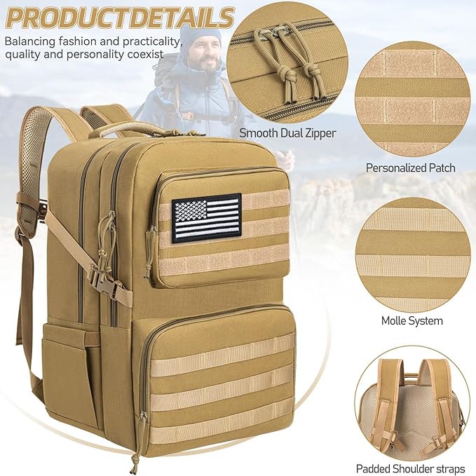 45L Tactical Backpack for Men, Water-resistant Military MOLLE Assault Backpack Bag for Hunting Camping Travel (Khaki)