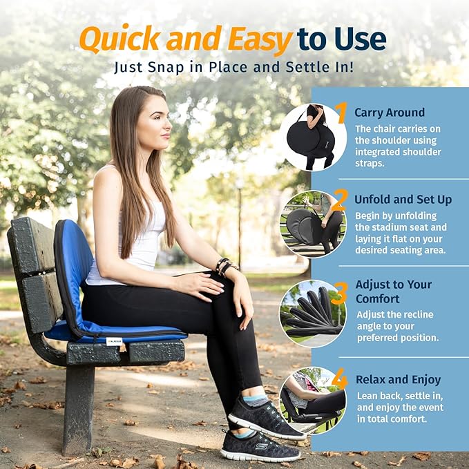 Alpcour Folding Stadium Seat – Deluxe Outdoor Camping Reclining Waterproof Cushion Chair for Bleachers – Best 6-Position Back Support Picnic Bleacher Seats w/Extra Thick Padding for Support & Comfort