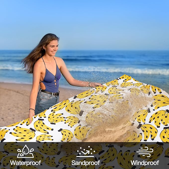 Beach Blanket Waterproof Sandproof, 9 Ft X 10 Ft Extra Large Sand Free Beach Mat, Big Compact Lightweight Quick Drying Picnic Blanket with 4 Stakes & Pockets for Camping, Travel, Hiking