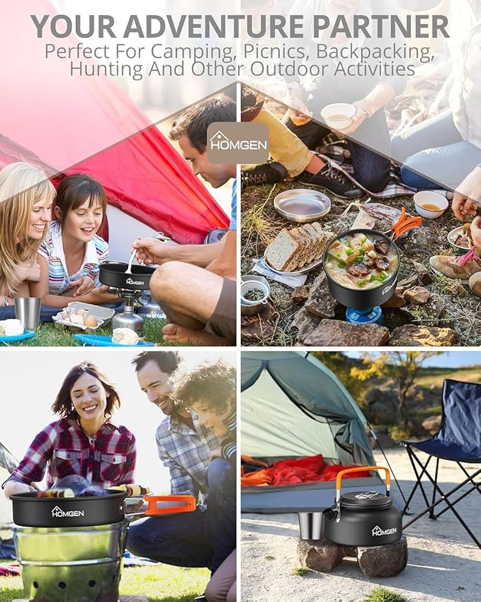 HOMGEN 14-Piece Camping Cooking Set with Stove Windshield & 2 Plates - Lightweight Aluminum Nesting Pot/Frying Pan Teapot - Complete Camping Mess Kit for Backpacking Picnics Outdoor Cooking Camping
