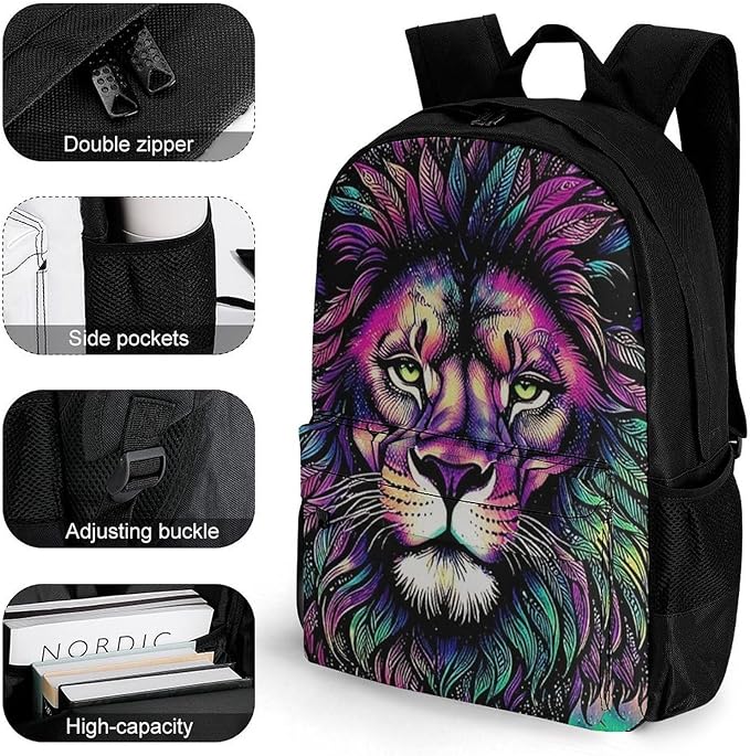 Supdreamc Polyester Daypack Bookbag for Gym Business Bicycle, Large Capacity Multipurpose Anti-Theft Carry On Bag, Colorful Lion Galaxy Art Travel Hiking Daypack