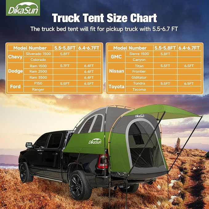 Truck Bed Tent, Double Layer Truck Tent 5.5-5.8 Ft, Waterproof PU3000mm Tear-Resistant Pickup Tent for 2 Person Camping and Outdoor with Awning