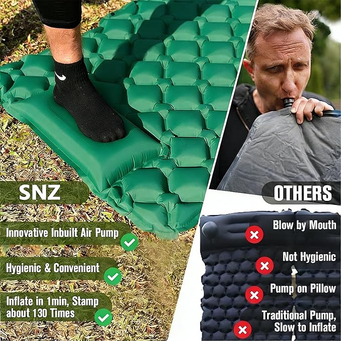 SNZ Camping Sleeping Pad, Ultralight Camping Mat with Pillow, Built-in Foot Pump Inflatable Sleeping Pads Compact for Backpacking, Tent, Travel, Outdoor Activities (Double)