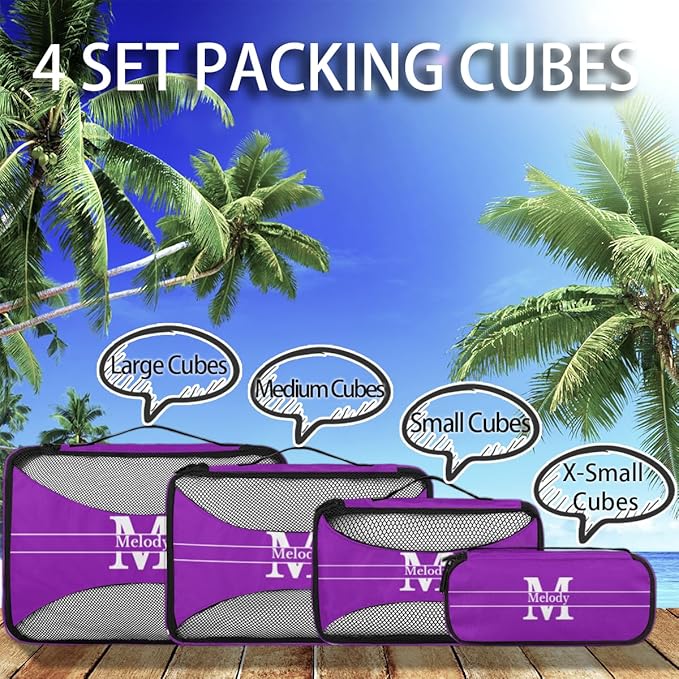 Personalized Packing Cubes, Set of 4 with Zipper Handles, Custom Name Initial Letter Travel Suitcases Luggage Packing Organizers, Initial Letter