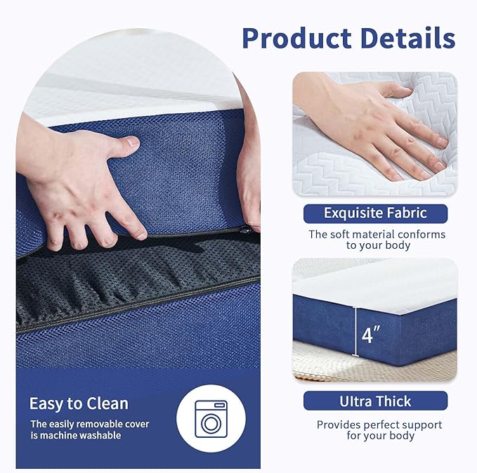 CYMULA Folding Mattress Queen Size,4 inch Memory Foam Tri Portable Trifold Mattress Topper Queen with Breathable & Washable Cover, Foldable Guest Bed for Camping