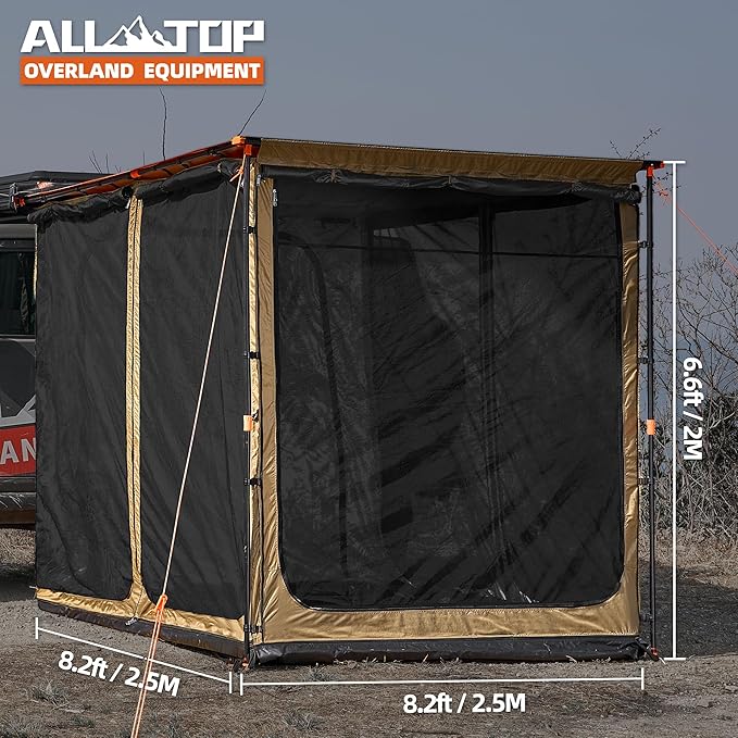 ALL-TOP Awning Room with Floor 8.2' x 8.2' Rip-Stop 210D Oxford Awning Tent with Bug-Resistance Mesh, Waterproof Sun Shelter for Overland, Camping(Black Coating, Room Only)