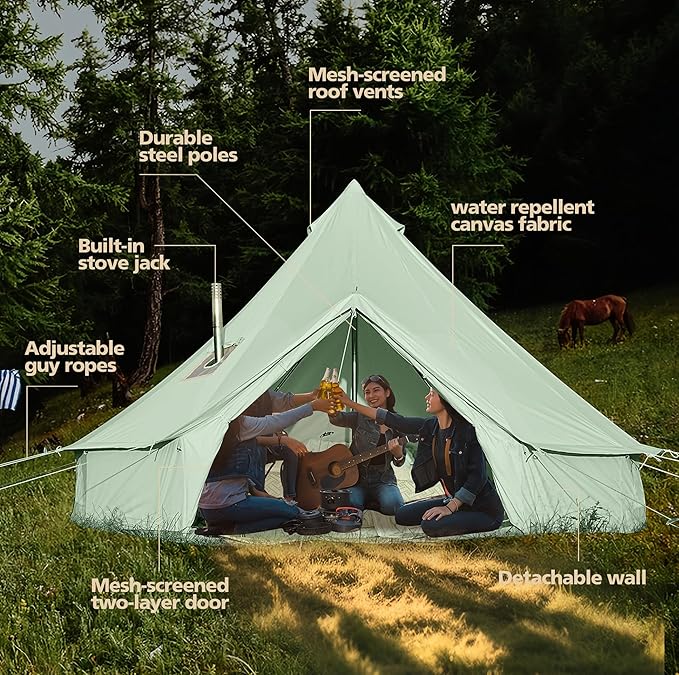 Cotton Canvas Bell Tent, Waterproof Large Tents with Sturdy Center & Door Pole and Space for 4/6/8 Person All 4 Season Camping Yurt Tent