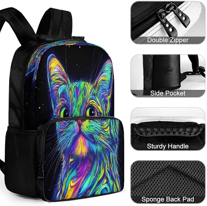 Lightweight Daypack Bookbag for Trekking Business Walking Cycling, Big Capacity Anti-Theft Multipurpose Carry On Bag, Colorful Trippy Cat Business Computer Bag