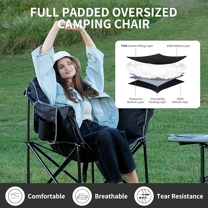 2 Pack Oversized Heated Camping Chair, 3 Heating Levels Soft Padded Camp Chairs with Pillow and Storage Bag, Portable Folding Outdoor Heated Moon Chair for Lawn Patio Beach and Picnics, Black