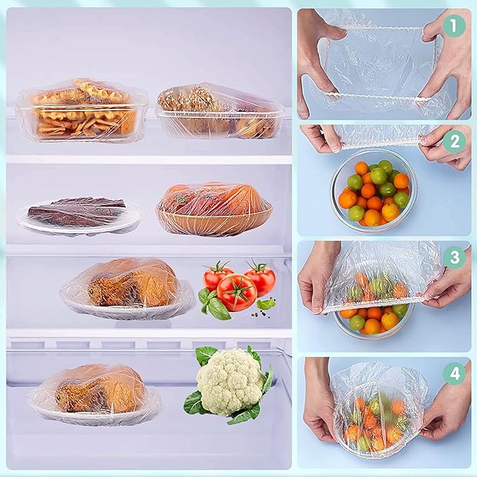300PCS Fresh Keeping Bags,Elastic Food Storage Covers,Universal Kitchen Wrap Seal Caps,Food Covers Stretch Reusable,Stretch Plastic Wrap Bowl Covers,Elastic Stretch Adjustable Bowl Lids