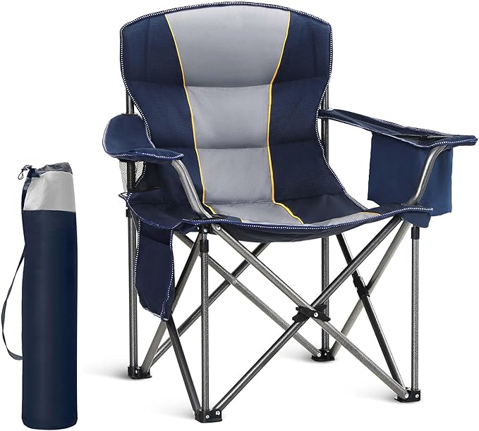 HIGH POINT SPORTS Oversized Portable Folding Camping Chair, Blue, 450 LBS Support, Sports Lawn Chair with Cup Holder and Cooler Bag