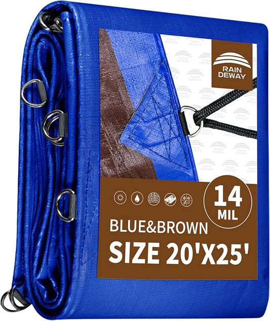 RAINDEWAY Tarp 20x25 Feet Heavy Duty Tarps 14 Mils with Metal Rings and Reinforced Corners and Edges,Waterproof,UV Resistant, Multipurpose Poly Tarp,Blue/Brown tarp