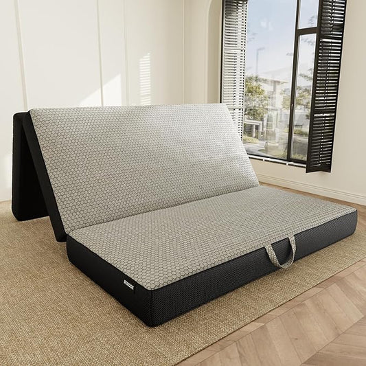 Memory Foam Trifold Mattress - King Portable Floor Bed 6 Inch, Foldable Mat with Washable Cover, Handle & Non-Slip Bottom, for RV, Travel, Camping, Yoga, 80"x76"x6"