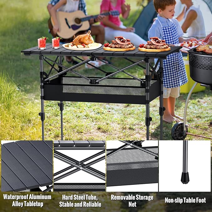GARLLEN Folding Camping Table, 2 Adjustable Height Portable Roll-up Picnic Table with Storage Net, Lightweight Aluminum Outdoor Table with Carrying Bag for Camping, BBQ, Picnic, 32.2" L x 15.7" W