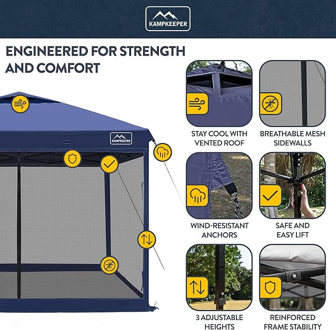KAMPKEEPER 10x10 Pop-Up Canopy Tent, Waterproof Portable Shade with Screen Walls, Adjustable Instant Outdoor Shelter for Camping, Backyard, and Events, Navy Blue