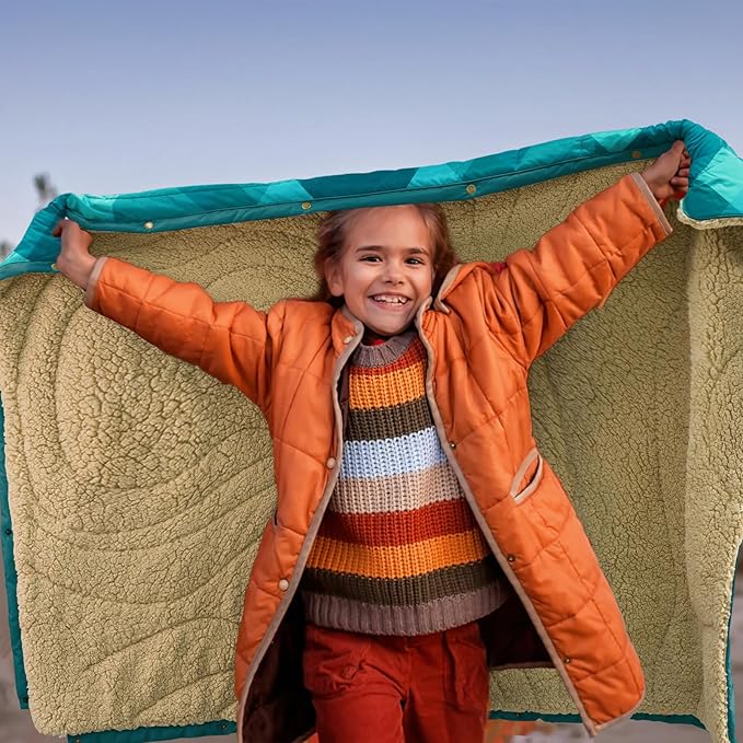 Outdoor Camping Blanket with Sherpa Lining, Extra Warm Thick Camp Blankets and Puffy Ultralight Soft Poncho DWR Camping Quilt for Cold Weather, Adventure, Sleeping, Backpacking 56"x 40"