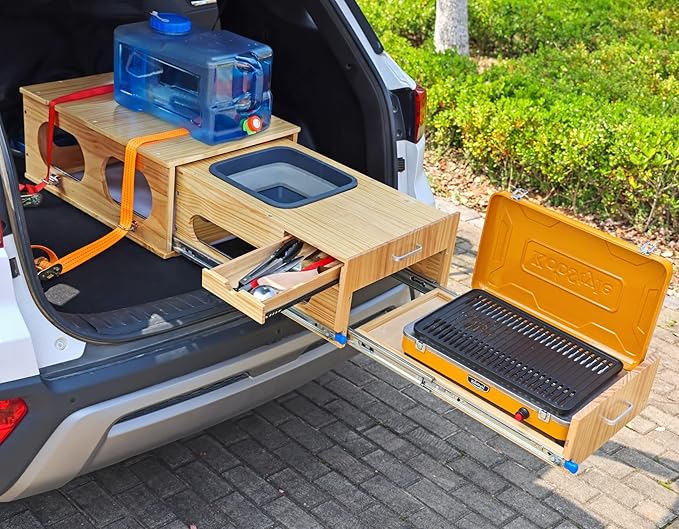 SHIWAGIN Overland Kitchen Slide-Out System, All-in-One Camp Kitchen Box with Sink, Chopping and Cooking Features, Folding Camping Table for SUV, Overlanding & Car Camping, Quick 1-Minute Setup
