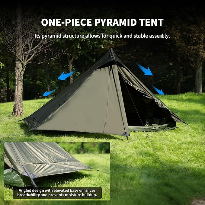 TENPLAY Ultralight 1 Person Tent - 970g 20D Nylon, 130cm Height, PU5000 Waterproof, Easy Setup, NO Trekking Pole for Hiking, Camping & Mountaineering