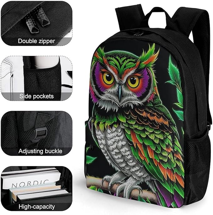 Lightweight Daypack Backpack for Sports Travel Running, Large Capacity Multipurpose Anti-Theft Bookbag, Owl Green Weedleaf Art Laptop Backpack Daypack