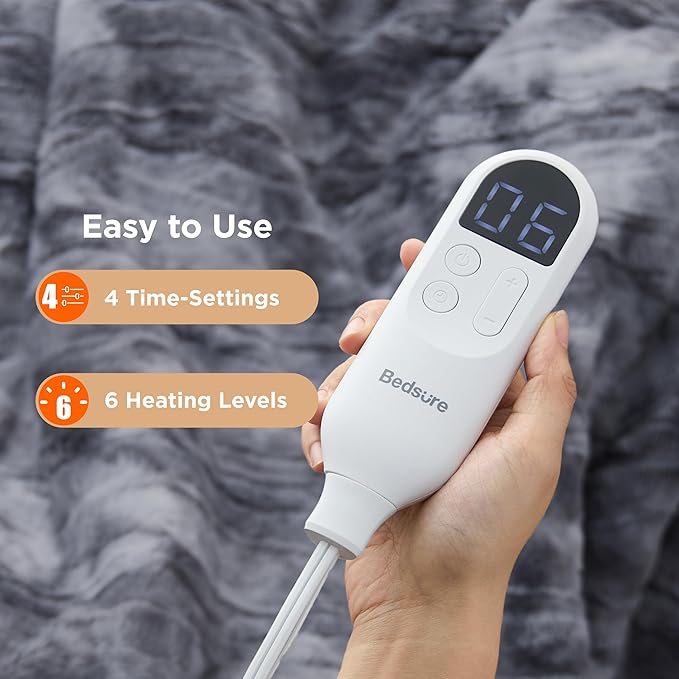 Bedsure Faux Fur Heated Blanket Throw Blanket, Fast Heating Electric Blanket with 6 Heating Levels & 4 Time Settings, Cozy Gifts for Women Men (50x60 inches, Grey)