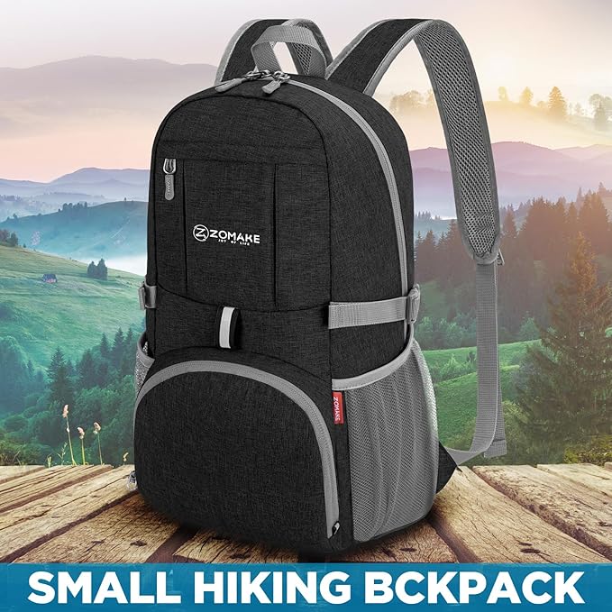 ZOMAKE Ultra Lightweight Packable Backpack 25L,Small Foldable Backpacks Hiking Water Resistant Collapsible Daypack for Women Men(Black-B3)
