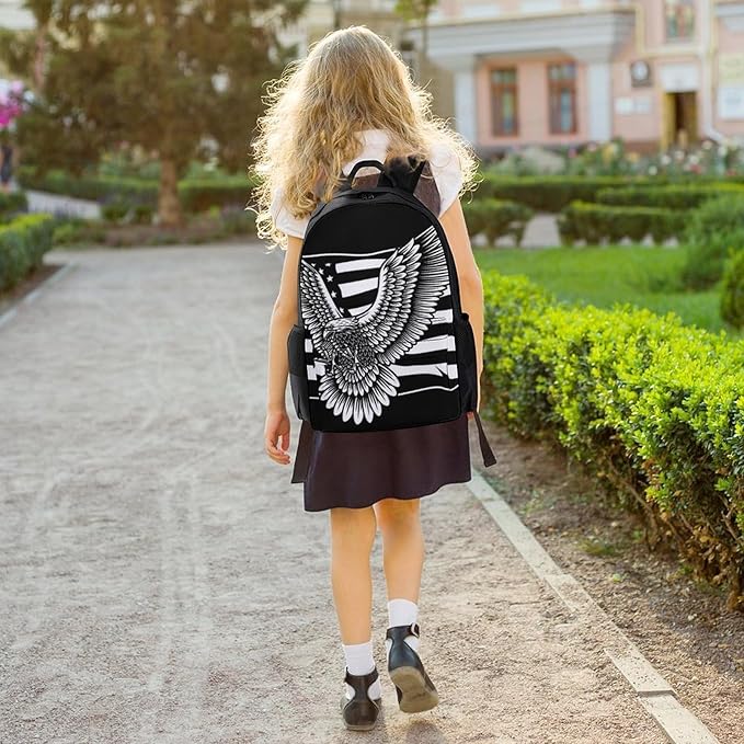 Shoulder Book Bags Anti-Theft Multipurpose Big Capacity Bookbag, Black And White American Flag Patriotic Usa Bald Eagle Pattern Travel Hiking Backpack With Smooth Zippers