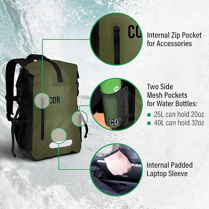COR Surf Waterproof Dry Bag Backpack - Roll Top Drybag with Padded Laptop Sleeve, Has Welded Seams and Ergonomic Shoulder Pad, Ideal for Boating, Hiking, Kayaking, and More, Available in 25L and 40L
