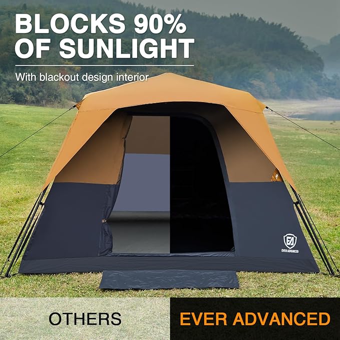 EVER ADVANCED 6 Person Camping Tent, Blackout Design Tent for Camping Instant Cabin Tents for Family with Rainfly, 60s Easy Setup, Water-Resistant