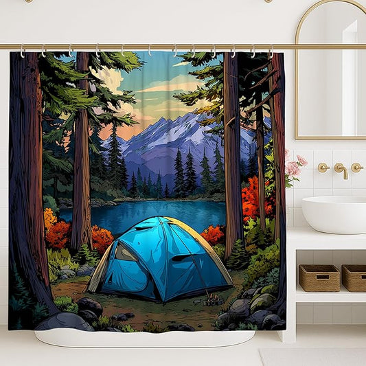 Mountain Lake Shower Curtain, Vibrant Blue Camping Tent Nature Scene Bathroom Decor, Outdoor Spring Summer Wilderness Art Waterproof Fabric Curtain with Hooks 72x72 Inch