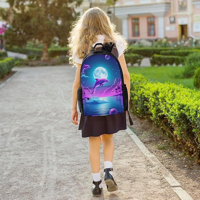 Polyester Daypack for Camping Travel Walking Cycling, Big Capacity Anti-Theft Multipurpose Bookbag, Full Moon Dolphin Purple Blue Camping Outdoor Backpack