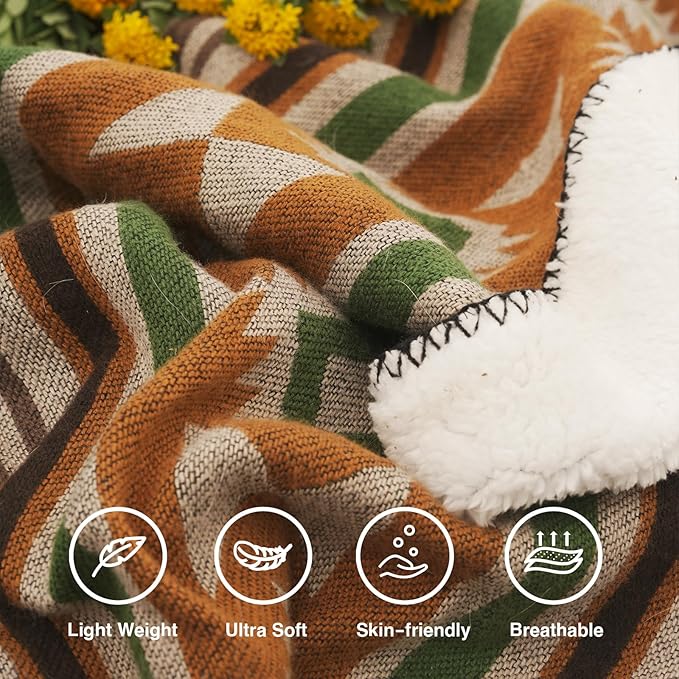 Aztec Throw Blanket with Soft Sherpa Lining, Traditional Southwestern Navajo Tribal Style Warm Throw for Camping, Outdoor, Cozy Boho Blanket for Couch, Sofa, Bed, 60"x80", Yellow