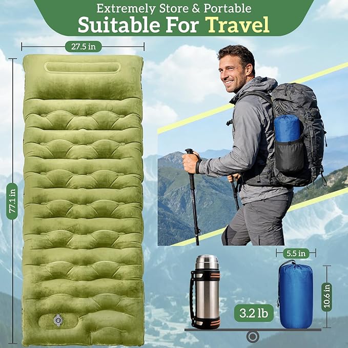 Sleeping Pad for Camping, 6" Velvet Camping Mat, Ultralight Inflatable Sleeping Pad with Built-in Foot Pump & Pillow, Compact for Camping Backpacking Hiking Traveling Tent