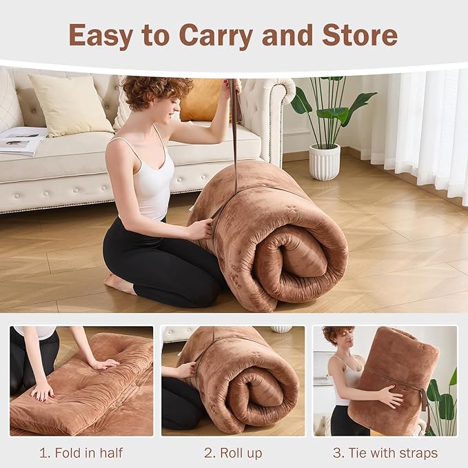 Japanese Floor Futon Mattress Twin Size 38"x 80", 2.5'' Thick Foldable Roll Up Floor Bed Sleeping Pad, 25D Foam Filled Tatami Mat with Straps for Guest Room, Dormitory & Camping, Chestnut Brown