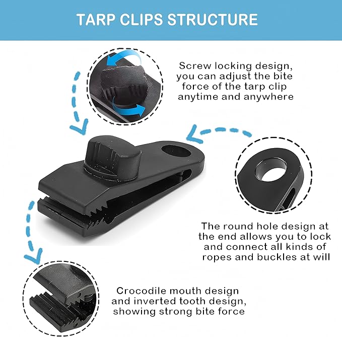 12pcs Heavy Duty Tarp Clips with Lock Grip - Windproof Tent Clamps for Camping, Canopies, Pool Covers, Reusable Multi-Purpose Clips