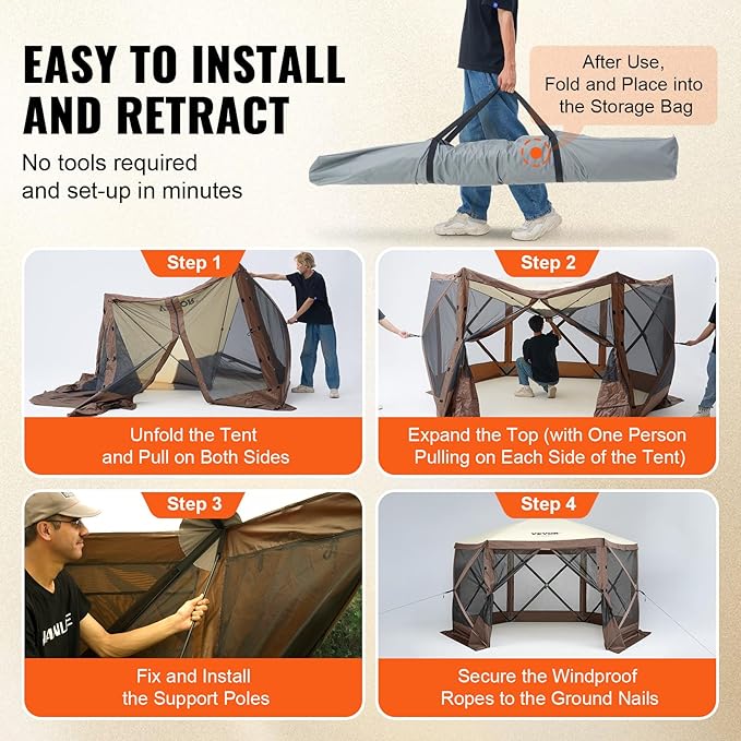VEVOR Pop Up Gazebo Screen Tent 6 Sided Canopy Sun Shelter with 6 Removable Privacy Wind Cloths & Mesh Windows, 11.5x11.5FT Quick Set Screen Tent with Mosquito Netting, Brown