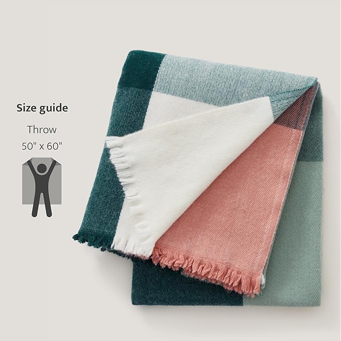 Double Stitch Alpaca Wool Throw Blanket - Warm, Soft Blanket for Couch, Luxury & Decorative Fleece Throw, Fall Plaid, Gift for Mother's Day, House Warming, 50" x 60", Sunset Glow