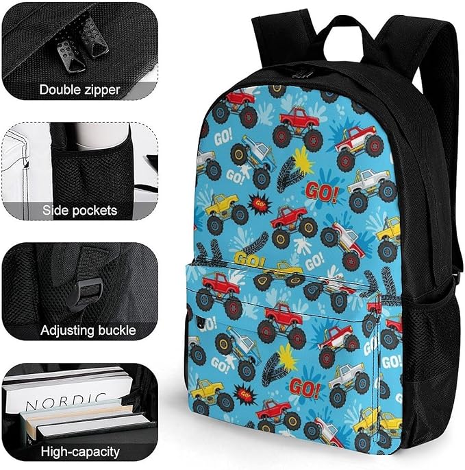Men Women Polyester Monster Truck Cars Blue Casual Daypack Large Capacity Carry On Bag With Adjustable Shoulder Straps for Camping Work Running