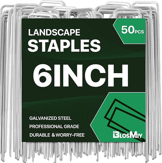 Landscape Staples 6inch 50pack,11Gauge Galvanized Lawn Staples, Sturdy Garden Stakes for Effortlessly Securing Weed Barrier Fabric,Ground Stabilization, and Tackling Outdoor Yard Work Projects.