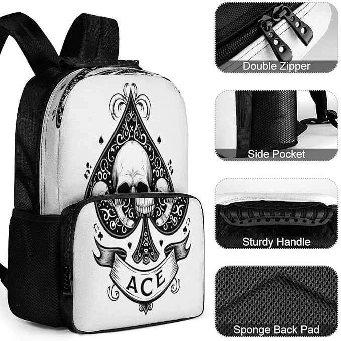Rucksacks Lightweight Multipurpose Anti-Theft Ace Spades Skulls Grunge Vintage Art Shoulder Bag Big Capacity Traveling Camping Backpack With Side Pockets