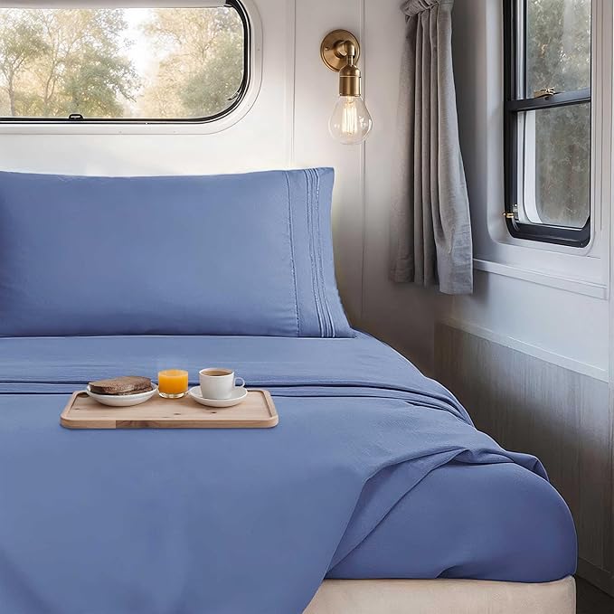 Hearth & Harbor Short Queen Sheets for RV, Steel Blue RV Queen Sheets, Silky Soft 1800 Microfiber Bed Sheet for Camper, 4 Piece RV Bedding with Pillowcases