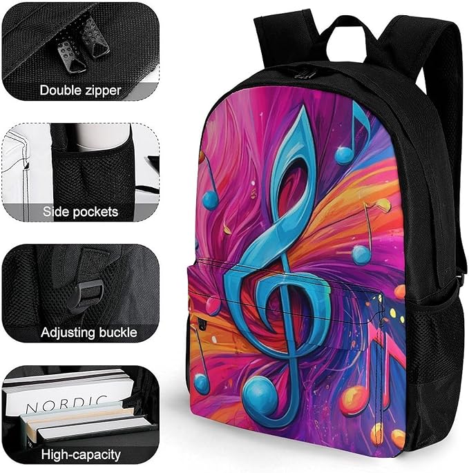 Supdreamc Women Men Polyester Abstract Music Notes Art Casual Daypack Large Capacity Bookbag With Side Pockets for Sports Picnic Walking Cycling