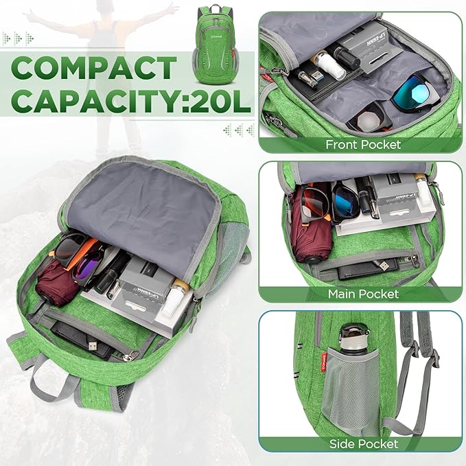ZOMAKE Ultra Lightweight Packable Backpack 20L,Small Foldable Backpacks Hiking Water Resistant Collapsible Daypack for Women Men(Dark Green-A2)