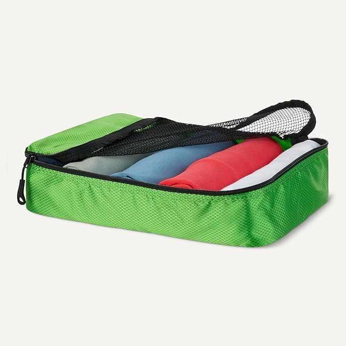 Amazon Essentials 4-Piece Packing Cubes Travel Accessories Set, Luggage Organizer, Suitcase Organizer with Double Zipper, Mesh Top, Space-Saving, 100% Polyester, Green (Previously Amazon Basics)