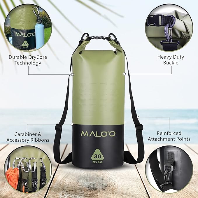 Malo’o DryPack 30L Waterproof Kayak Dry Bag, Heavy Duty Roll-Top Dry Bag with MOLLE Grid and Carry Straps for Fishing, Paddle Boarding, Boating, Camping, and Travel, Green