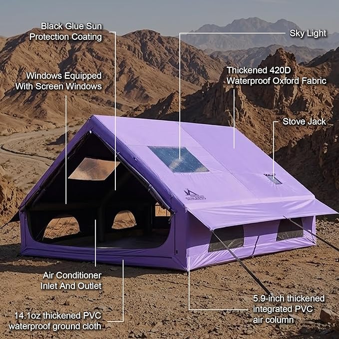 Inflatable Camping Tents 8-10 Person,129 Square Feets Large Inflatable Camping Tent with Stove Jack,Blow up Tent with Mesh Windows & Pump